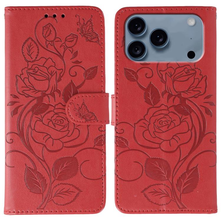 Rose Butterfly Embossed Leather Phone Case – Card Slot, Kickstand, Leather, For iPhone 17e / 16e, For iPhone 17 Pro Max, For iPhone 17 Pro, For iPhone 17 For iPhone 17 Pro Red