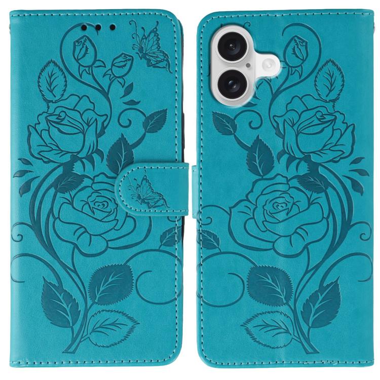 Rose Butterfly Embossed Leather Phone Case – Card Slot, Kickstand, Leather, For iPhone 17e / 16e, For iPhone 17 Pro Max, For iPhone 17 Pro, For iPhone 17 For iPhone 17 Blue