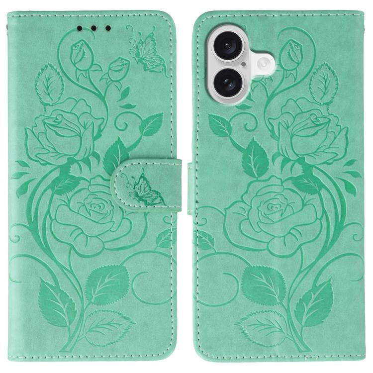 Rose Butterfly Embossed Leather Phone Case – Card Slot, Kickstand, Leather, For iPhone 17e / 16e, For iPhone 17 Pro Max, For iPhone 17 Pro, For iPhone 17 For iPhone 17 Green