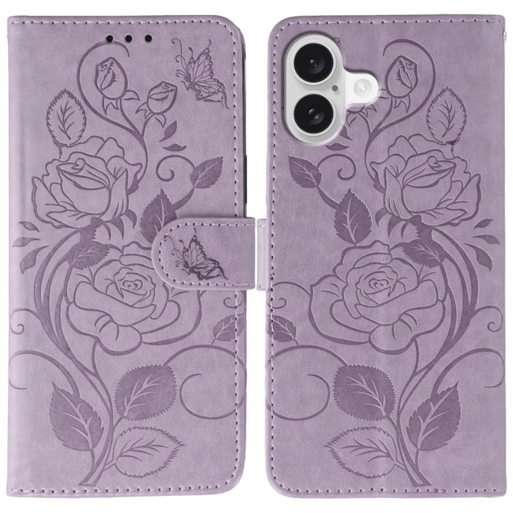 Rose Butterfly Embossed Leather Phone Case – Card Slot, Kickstand, Leather, For iPhone 17e / 16e, For iPhone 17 Pro Max, For iPhone 17 Pro, For iPhone 17 For iPhone 17 Purple