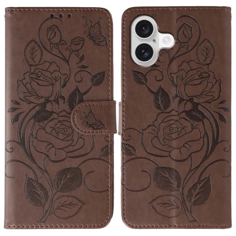 Rose Butterfly Embossed Leather Phone Case – Card Slot, Kickstand, Leather, For iPhone 17e / 16e, For iPhone 17 Pro Max, For iPhone 17 Pro, For iPhone 17 For iPhone 17 Brown