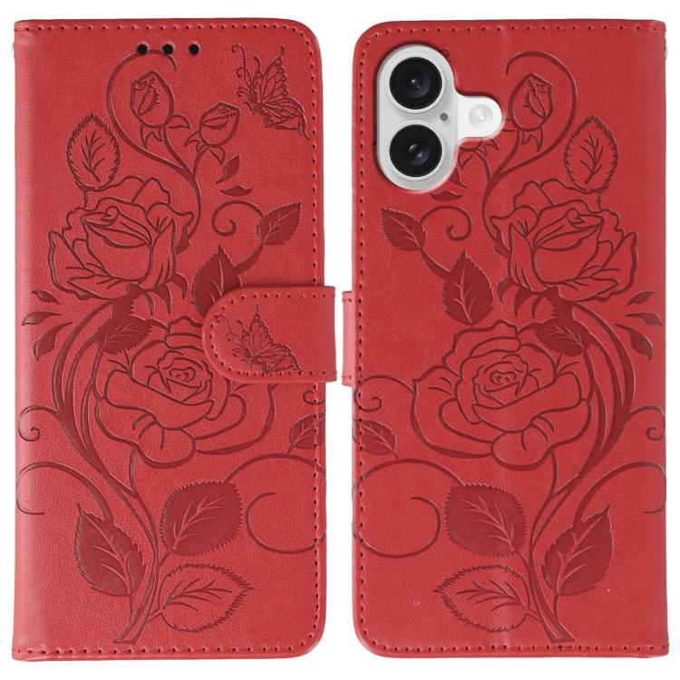 Rose Butterfly Embossed Leather Phone Case – Card Slot, Kickstand, Leather, For iPhone 17e / 16e, For iPhone 17 Pro Max, For iPhone 17 Pro, For iPhone 17 For iPhone 17 Red