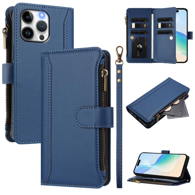 Magnetic Closure 9 Card Slots Zipper Leather Case with Hand Strap, For iPhone 14 Pro Max, For iPhone SE 2022 / 2020 / 8 / 7, For iPhone 13 Pro Max, For iPhone 13 Pro For iPhone 14 Pro Max Dark Blue
