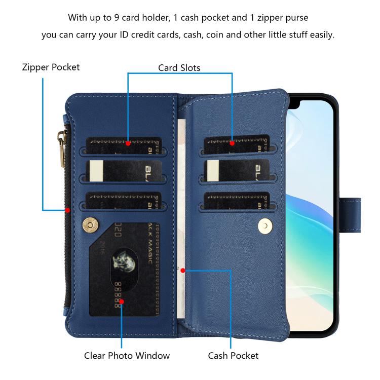 Magnetic Closure 9 Card Slots Zipper Leather Case with Hand Strap, For iPhone 14 Pro Max, For iPhone SE 2022 / 2020 / 8 / 7, For iPhone 13 Pro Max, For iPhone 13 Pro