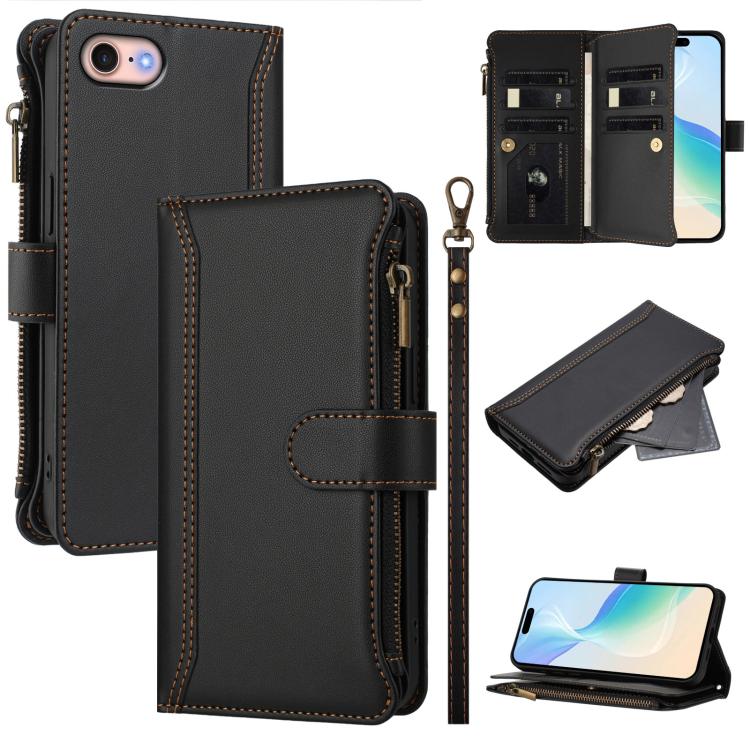 Magnetic Closure 9 Card Slots Zipper Leather Case with Hand Strap – Magnetic, Card Slot, Leather, For iPhone 14 Pro Max, For iPhone SE 2022 / 2020 / 8 / 7, For iPhone 13 Pro Max, For iPhone 13 Pro For iPhone SE 2022 2020 8 7 Black