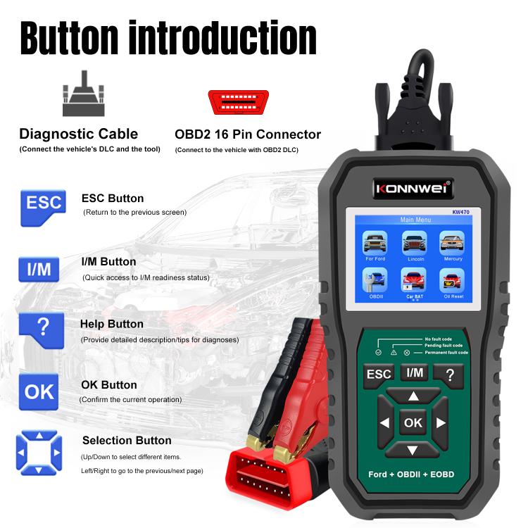 KONNWEI KW470 2.8 inch Color Screen Car OBD2 Fault Diagnostic Scan Tool for Ford, KW470 – Durable Build, Easy to Use