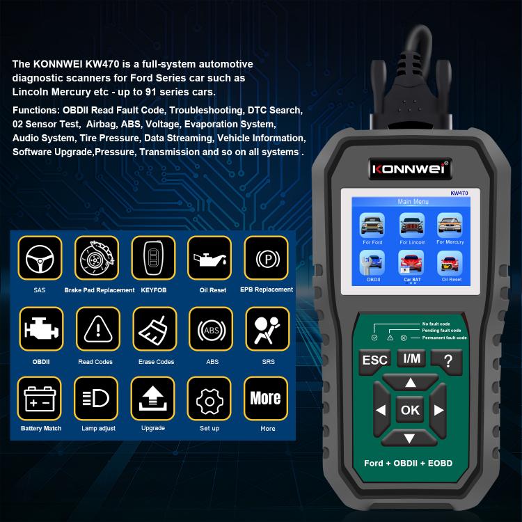 KONNWEI KW470 2.8 inch Color Screen Car OBD2 Fault Diagnostic Scan Tool for Ford, KW470 – Durable Build, Easy to Use