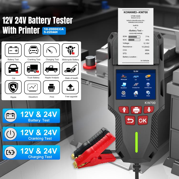 KONNWEI KW700 12V / 24V 2.8 inch Color Screen Car Battery Tester with Printer, KW700 – Durable Build, Easy to Use