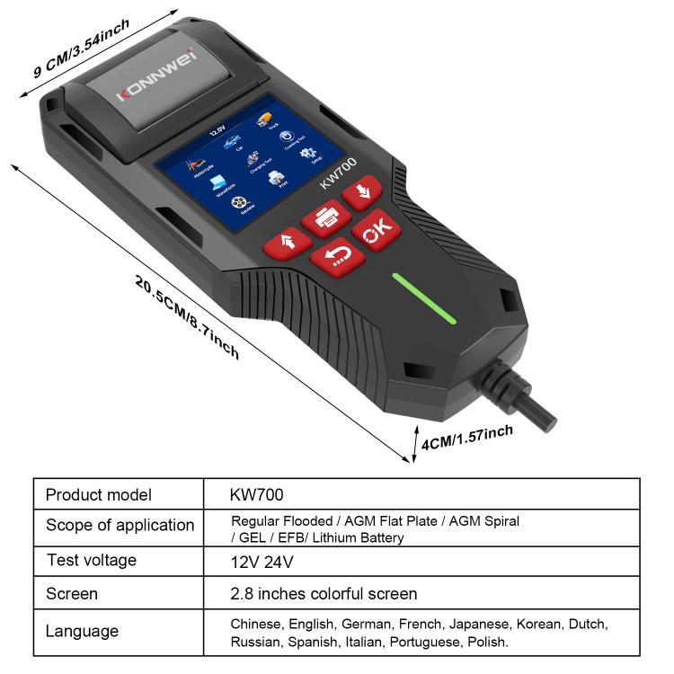 KONNWEI KW700 12V / 24V 2.8 inch Color Screen Car Battery Tester with Printer, KW700 – Durable Build, Easy to Use