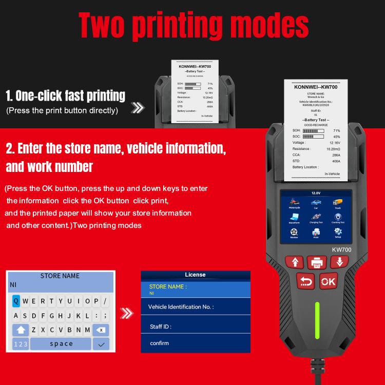 KONNWEI KW700 12V / 24V 2.8 inch Color Screen Car Battery Tester with Printer, KW700 – Durable Build, Easy to Use