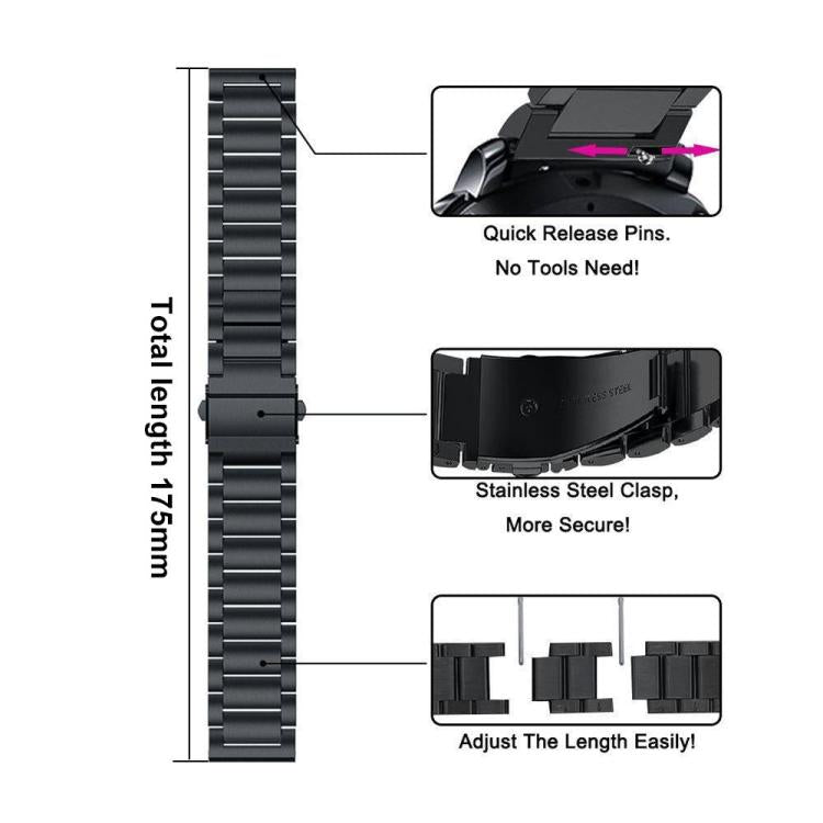 xDfind Three Beads Stainless Steel Watch Band, 14mm, 18mm, 20mm, 22mm