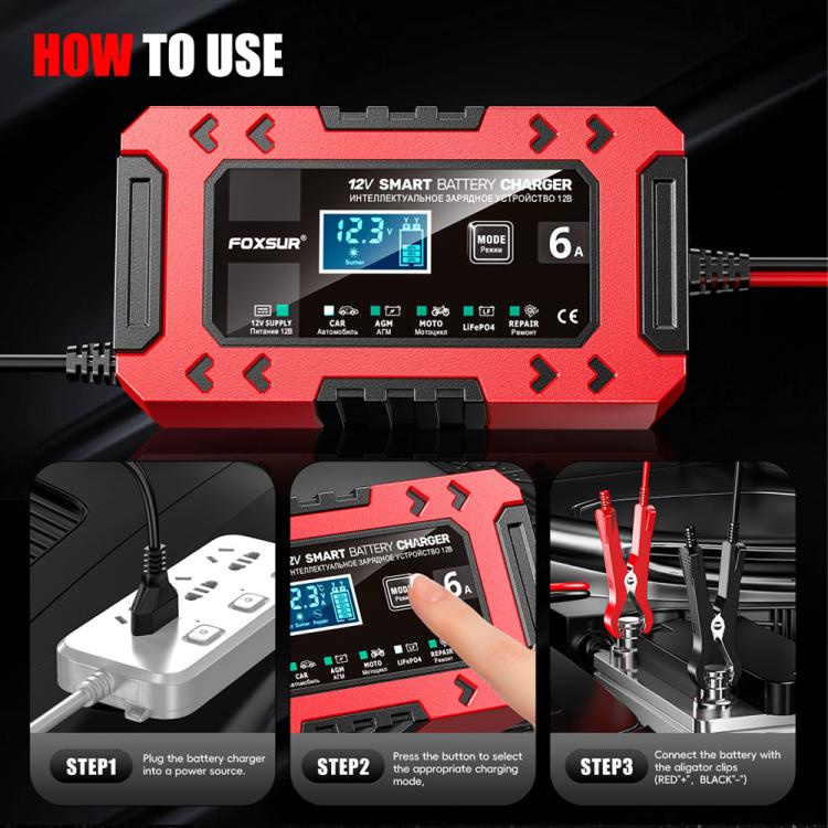 FOXSUR FBC1206F 12V 6A Car Motorcycle Battery Charger Smart Repair Multi-function Charger, EU Plug, US Plug, UK Plug, AU Plug – TPU