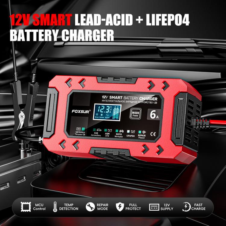 FOXSUR FBC1206F 12V 6A Car Motorcycle Battery Charger Smart Repair Multi-function Charger, EU Plug, US Plug, UK Plug, AU Plug – TPU