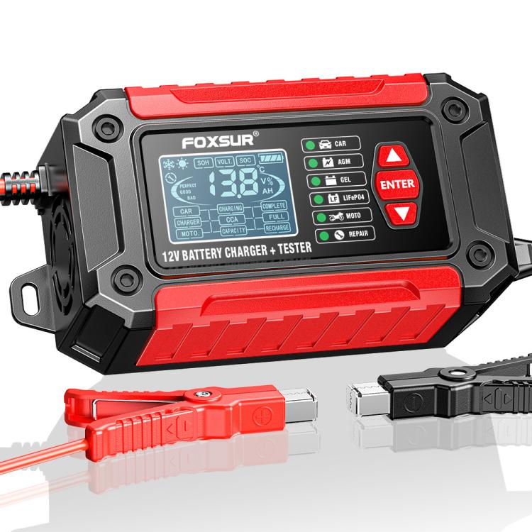 FOXSUR FTC-1206 2 in 1 12V Charging Tester Integrated Machine Car Motorcycle Battery Charger Tester, EU Plug, US Plug, UK Plug, AU Plug – TPU EU Plug Red