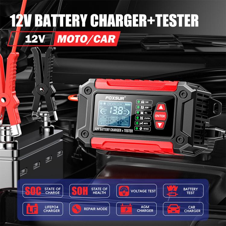 FOXSUR FTC-1206 2 in 1 12V Charging Tester Integrated Machine Car Motorcycle Battery Charger Tester, EU Plug, US Plug, UK Plug, AU Plug – TPU