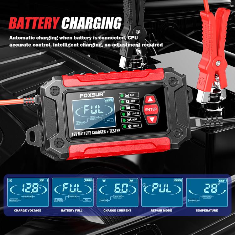 FOXSUR FTC-1206 2 in 1 12V Charging Tester Integrated Machine Car Motorcycle Battery Charger Tester, EU Plug, US Plug, UK Plug, AU Plug – TPU
