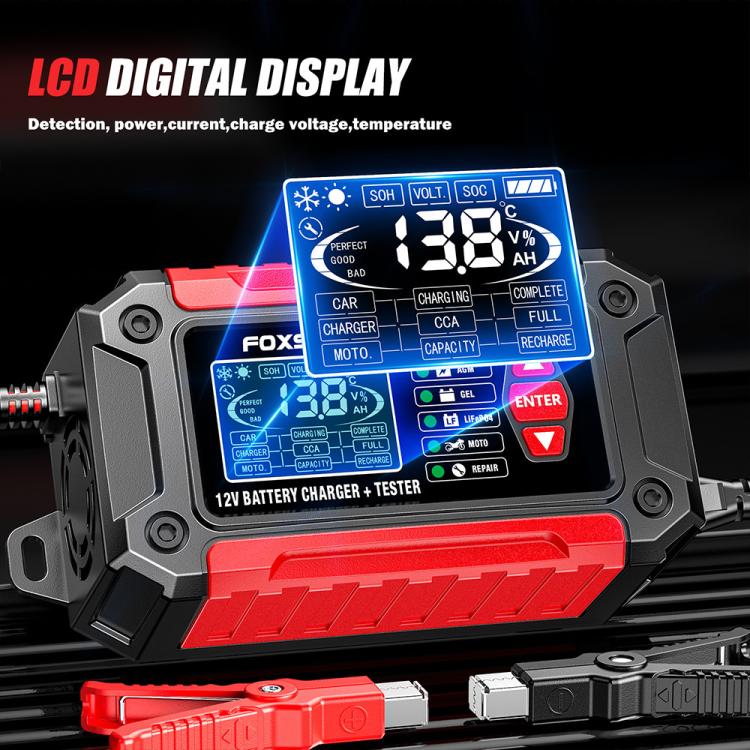FOXSUR FTC-1206 2 in 1 12V Charging Tester Integrated Machine Car Motorcycle Battery Charger Tester, EU Plug, US Plug, UK Plug, AU Plug – TPU