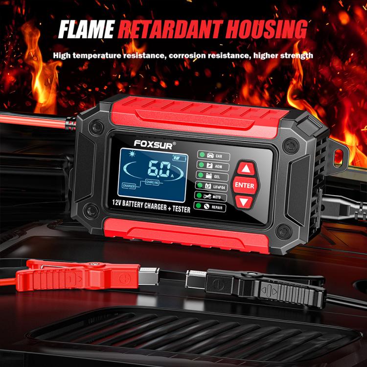 FOXSUR FTC-1206 2 in 1 12V Charging Tester Integrated Machine Car Motorcycle Battery Charger Tester, EU Plug, US Plug, UK Plug, AU Plug – TPU