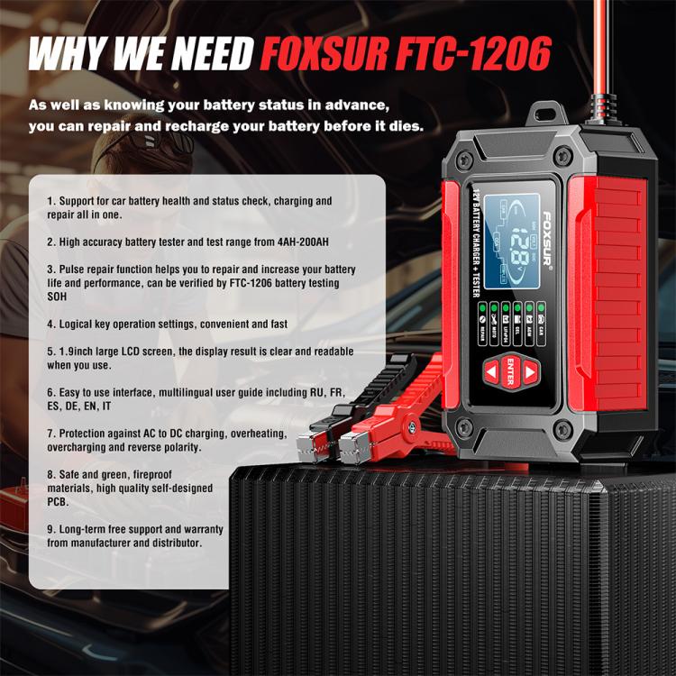 FOXSUR FTC-1206 2 in 1 12V Charging Tester Integrated Machine Car Motorcycle Battery Charger Tester, EU Plug, US Plug, UK Plug, AU Plug – TPU