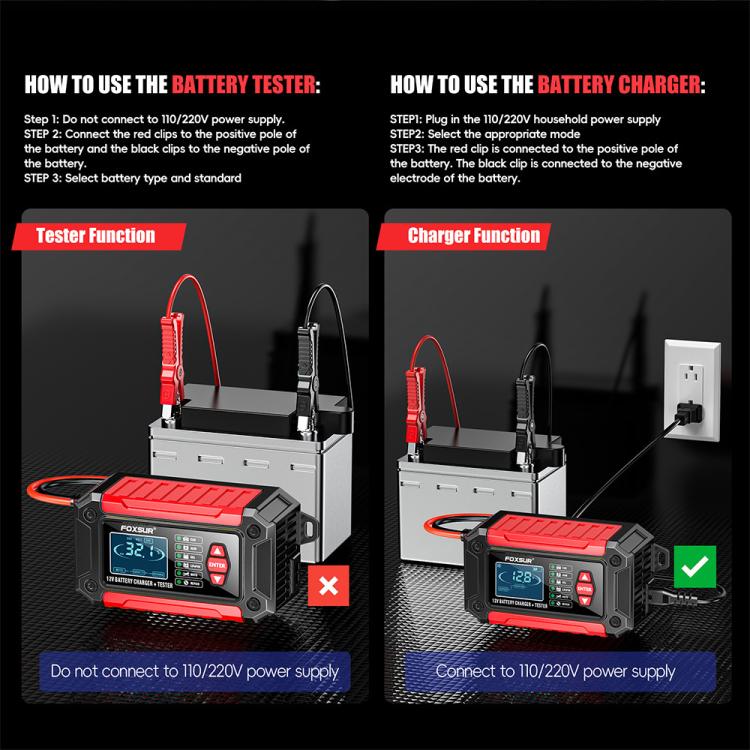 FOXSUR FTC-1206 2 in 1 12V Charging Tester Integrated Machine Car Motorcycle Battery Charger Tester, EU Plug, US Plug, UK Plug, AU Plug – TPU