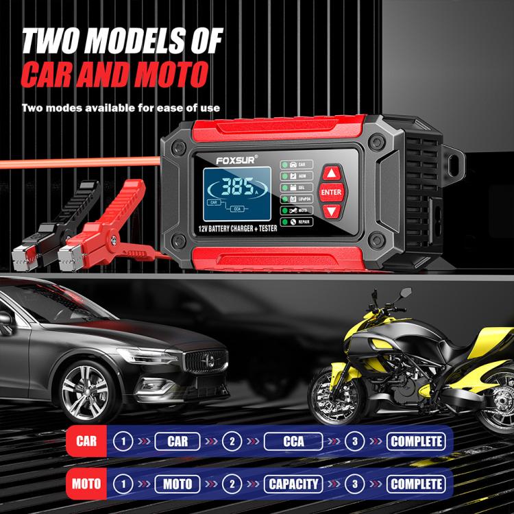 FOXSUR FTC-1206 2 in 1 12V Charging Tester Integrated Machine Car Motorcycle Battery Charger Tester, EU Plug, US Plug, UK Plug, AU Plug – TPU