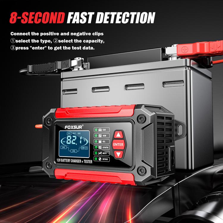 FOXSUR FTC-1206 2 in 1 12V Charging Tester Integrated Machine Car Motorcycle Battery Charger Tester, EU Plug, US Plug, UK Plug, AU Plug – TPU