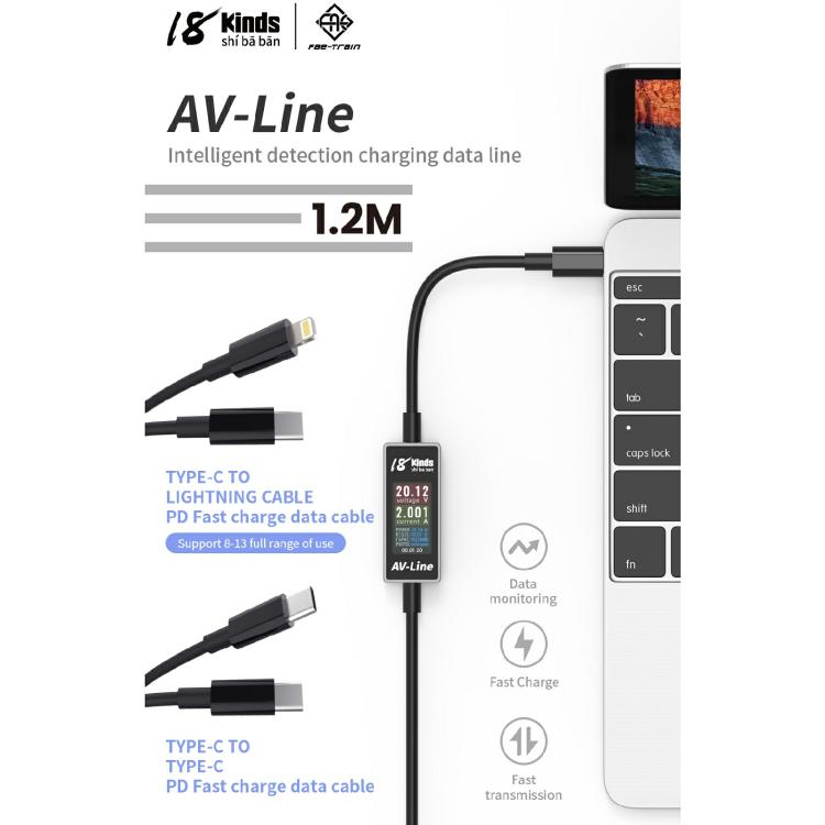 18 Kinds AV-Line Pro 1.2m Intelligent Detection Charging Data Cable, Type-C to 8 Pin, Type-C to Type-C – Fast Charging