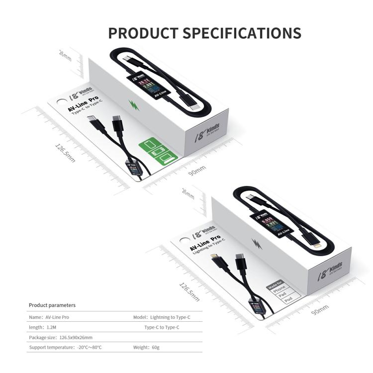 18 Kinds AV-Line Pro 1.2m Intelligent Detection Charging Data Cable, Type-C to 8 Pin, Type-C to Type-C – Fast Charging