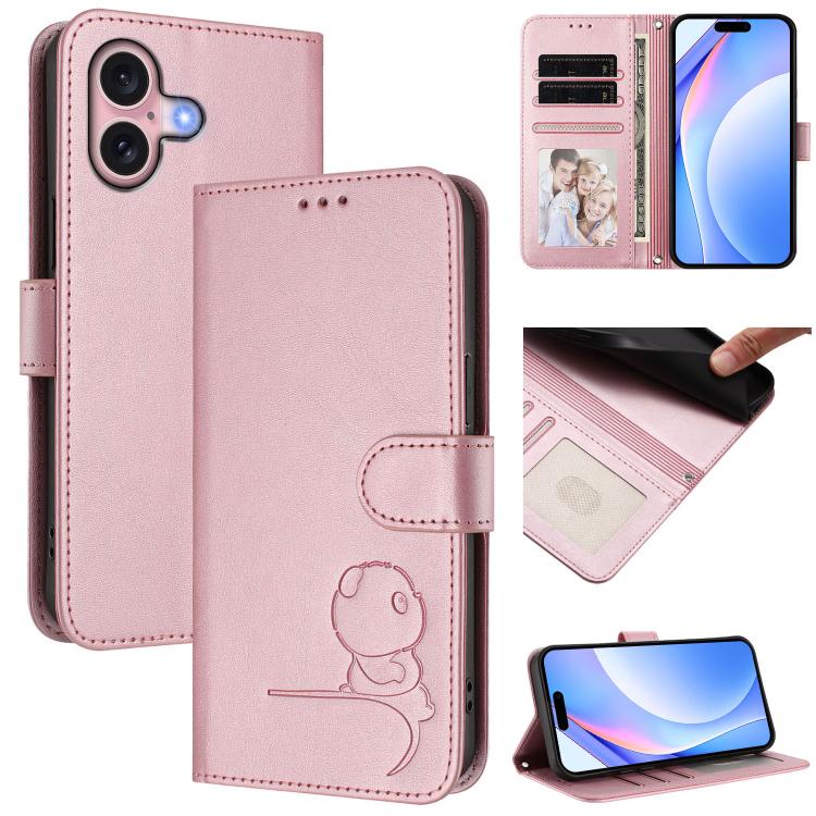 Litter Panda Embossing RFID Leather Phone Case with Lanyard, For iPhone 16, For iPhone 15 Pro Max, For iPhone 15 Pro, For iPhone 15 Plus For iPhone 16 Pink