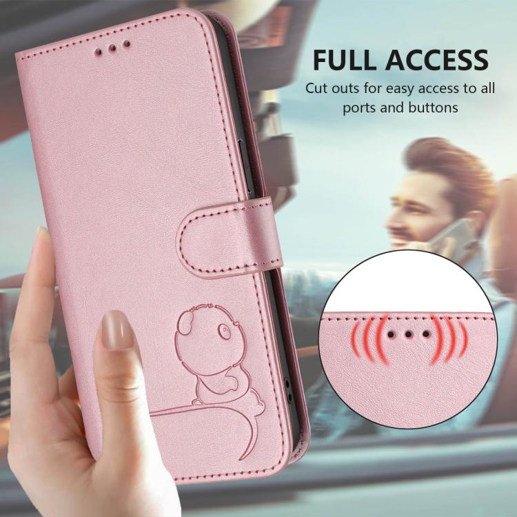 Litter Panda Embossing RFID Leather Phone Case with Lanyard, For iPhone 15, For iPhone 14 Plus, For iPhone 14 / 13, For iPhone 14 Pro