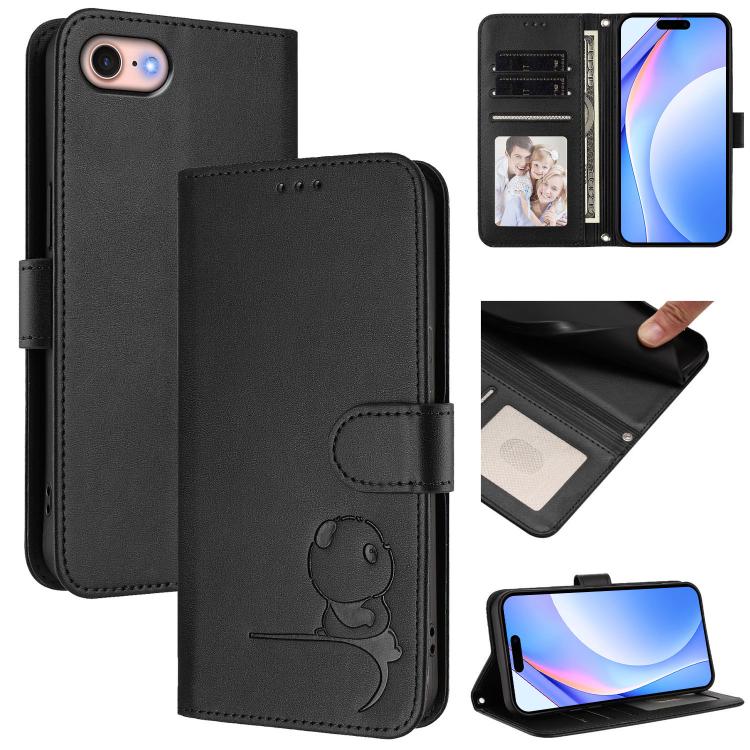 Litter Panda Embossing RFID Leather Phone Case with Lanyard – Lanyard, Card Slot, Kickstand, For iPhone 14 Pro Max, For iPhone SE 2022 / 2020 / 8 / 7, For iPhone 13 Pro Max, For iPhone 13 Pro For iPhone SE 2022 2020 8 7 Black