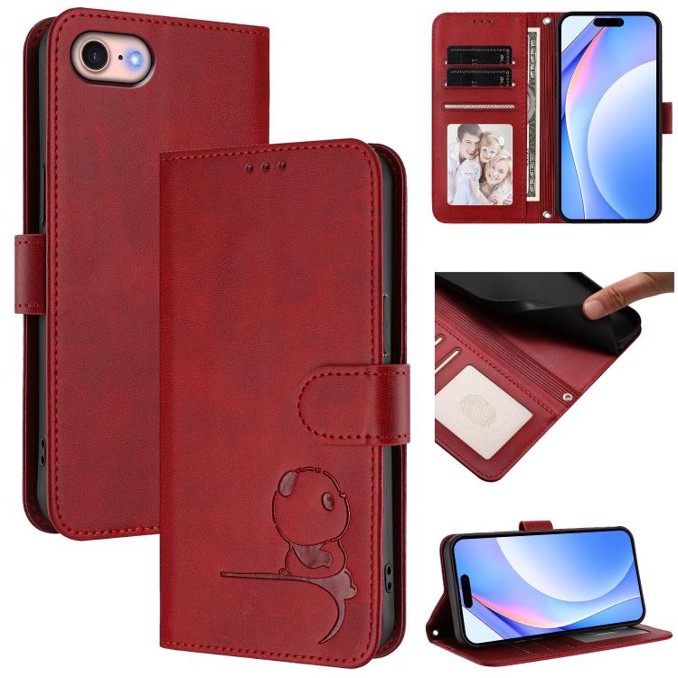Litter Panda Embossing RFID Leather Phone Case with Lanyard – Lanyard, Card Slot, Kickstand, For iPhone 14 Pro Max, For iPhone SE 2022 / 2020 / 8 / 7, For iPhone 13 Pro Max, For iPhone 13 Pro For iPhone SE 2022 2020 8 7 Wine Red