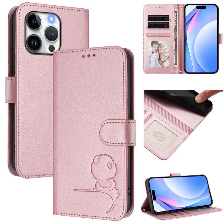 Litter Panda Embossing RFID Leather Phone Case with Lanyard – Lanyard, Card Slot, Kickstand, For iPhone 14 Pro Max, For iPhone SE 2022 / 2020 / 8 / 7, For iPhone 13 Pro Max, For iPhone 13 Pro For iPhone 13 Pro Pink