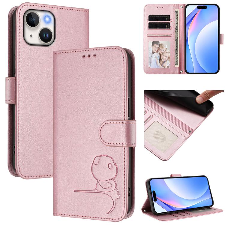 Litter Panda Embossing RFID Leather Phone Case with Lanyard, For iPhone 13 mini, For iPhone 12 / 12 Pro, For iPhone 12 Pro Max, For iPhone 12 mini For iPhone 13 mini Pink