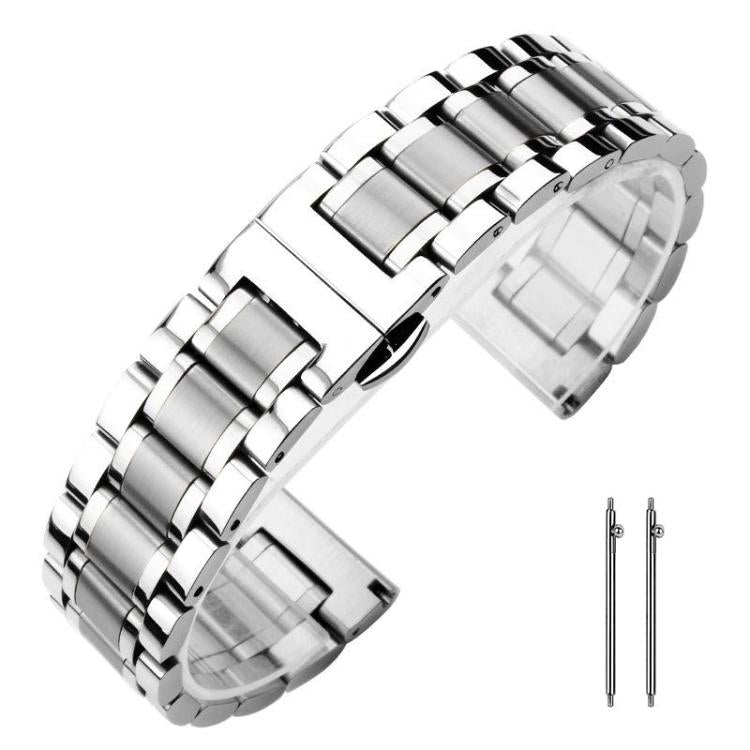 xDfind Five-bead Solid Stainless Steel Butterfly Buckle Watch Band, 14mm, 18mm, 20mm, 22mm 14mm Silver