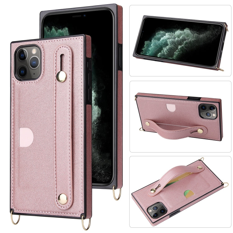 Wrist Strap PU+TPU Shockproof Protective Case with Crossbody Lanyard & Holder & Card Slot, For iPhone 11 Pro, For iPhone 11 Pro Max For iPhone 11 Pro Rose Gold