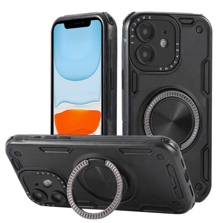 Three-core Mecha 360 Degree Rotation Magnetic Holder Phone Case – Wear-resistant, Magnetic, TPU, For iPhone 12, For iPhone 12 Pro, For iPhone 11 For iPhone 11 Black