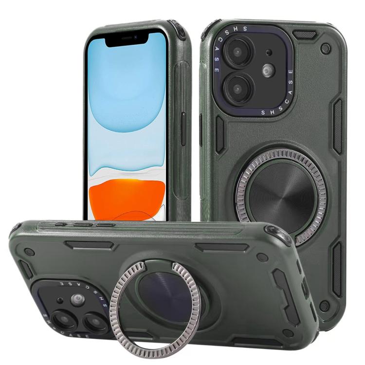 Three-core Mecha 360 Degree Rotation Magnetic Holder Phone Case – Wear-resistant, Magnetic, TPU, For iPhone 12, For iPhone 12 Pro, For iPhone 11 For iPhone 11 Army Green
