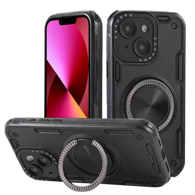 Three-core Mecha 360 Degree Rotation Magnetic Holder Phone Case – Wear-resistant, Magnetic, TPU, For iPhone 15 Pro Max, For iPhone 15, For iPhone 14, For iPhone 14 Pro Max, For iPhone 13 Pro Max, For iPhone 13 For iPhone 13 Black