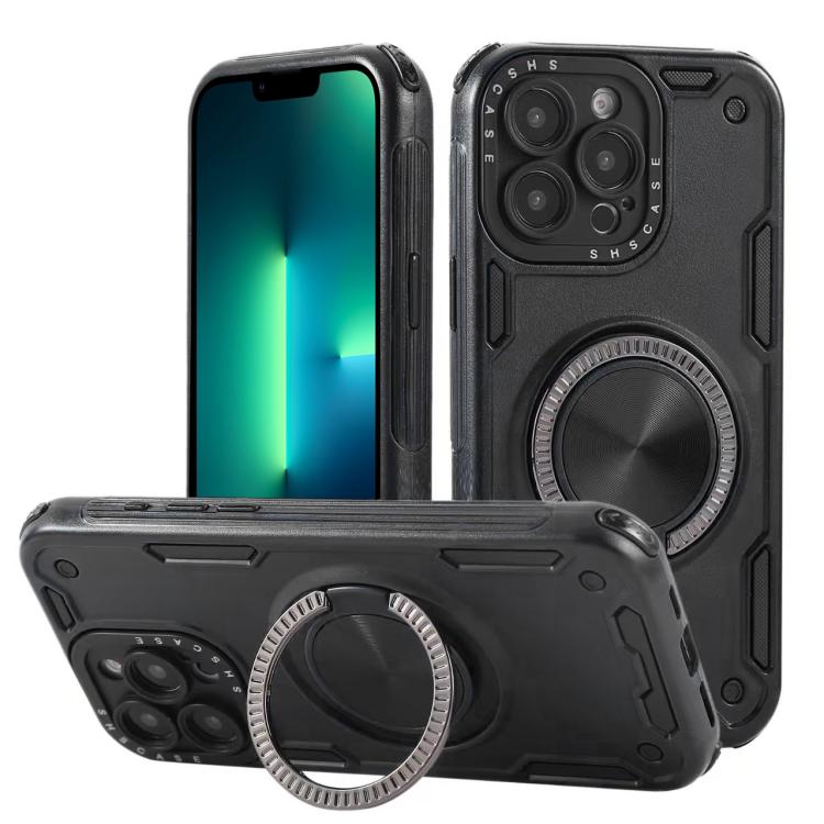 Three-core Mecha 360 Degree Rotation Magnetic Holder Phone Case – Wear-resistant, Magnetic, TPU, For iPhone 15 Pro Max, For iPhone 15, For iPhone 14, For iPhone 14 Pro Max, For iPhone 13 Pro Max, For iPhone 13 For iPhone 13 Pro Max Black
