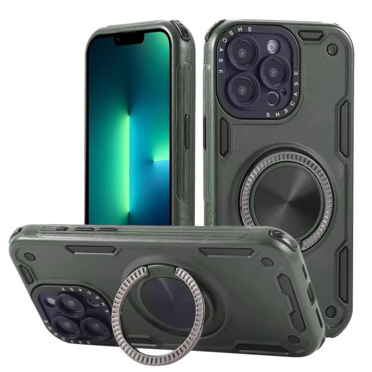 Three-core Mecha 360 Degree Rotation Magnetic Holder Phone Case – Wear-resistant, Magnetic, TPU, For iPhone 15 Pro Max, For iPhone 15, For iPhone 14, For iPhone 14 Pro Max, For iPhone 13 Pro Max, For iPhone 13 For iPhone 13 Pro Max Army Green