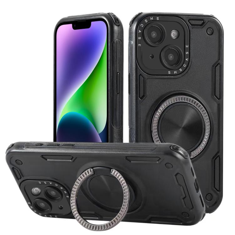 Three-core Mecha 360 Degree Rotation Magnetic Holder Phone Case – Wear-resistant, Magnetic, TPU, For iPhone 15 Pro Max, For iPhone 15, For iPhone 14, For iPhone 14 Pro Max, For iPhone 13 Pro Max, For iPhone 13 For iPhone 14 Black