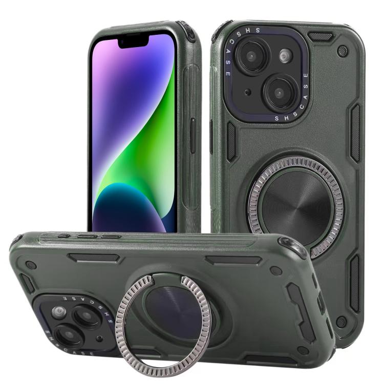Three-core Mecha 360 Degree Rotation Magnetic Holder Phone Case – Wear-resistant, Magnetic, TPU, For iPhone 15 Pro Max, For iPhone 15, For iPhone 14, For iPhone 14 Pro Max, For iPhone 13 Pro Max, For iPhone 13 For iPhone 14 Army Green