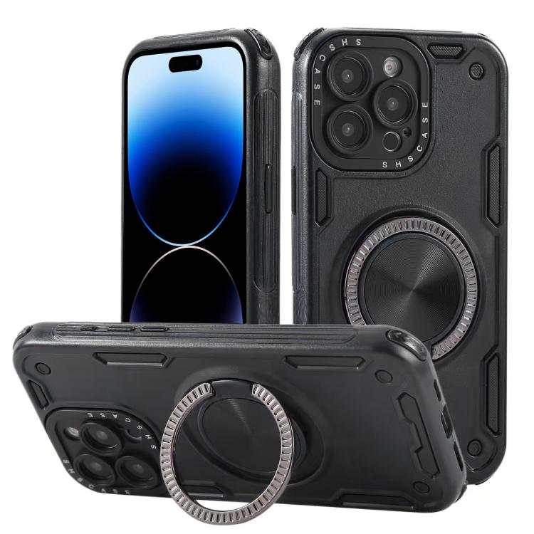 Three-core Mecha 360 Degree Rotation Magnetic Holder Phone Case – Wear-resistant, Magnetic, TPU, For iPhone 15 Pro Max, For iPhone 15, For iPhone 14, For iPhone 14 Pro Max, For iPhone 13 Pro Max, For iPhone 13 For iPhone 14 Pro Max Black