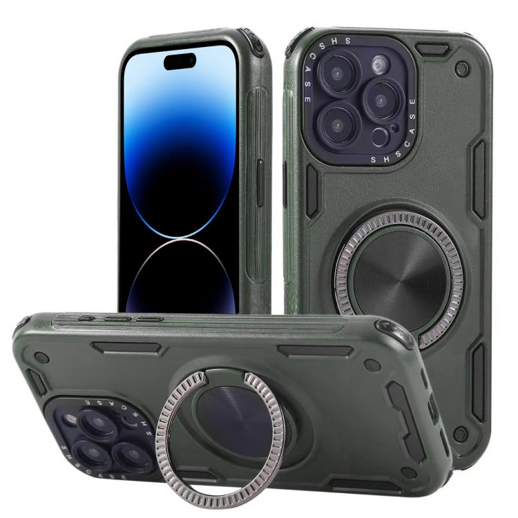 Three-core Mecha 360 Degree Rotation Magnetic Holder Phone Case – Wear-resistant, Magnetic, TPU, For iPhone 15 Pro Max, For iPhone 15, For iPhone 14, For iPhone 14 Pro Max, For iPhone 13 Pro Max, For iPhone 13 For iPhone 14 Pro Max Army Green