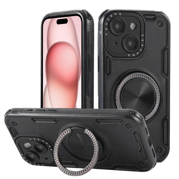 Three-core Mecha 360 Degree Rotation Magnetic Holder Phone Case – Wear-resistant, Magnetic, TPU, For iPhone 15 Pro Max, For iPhone 15, For iPhone 14, For iPhone 14 Pro Max, For iPhone 13 Pro Max, For iPhone 13 For iPhone 15 Black