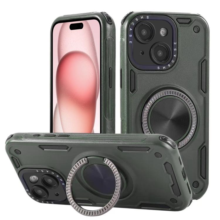 Three-core Mecha 360 Degree Rotation Magnetic Holder Phone Case – Wear-resistant, Magnetic, TPU, For iPhone 15 Pro Max, For iPhone 15, For iPhone 14, For iPhone 14 Pro Max, For iPhone 13 Pro Max, For iPhone 13 For iPhone 15 Army Green