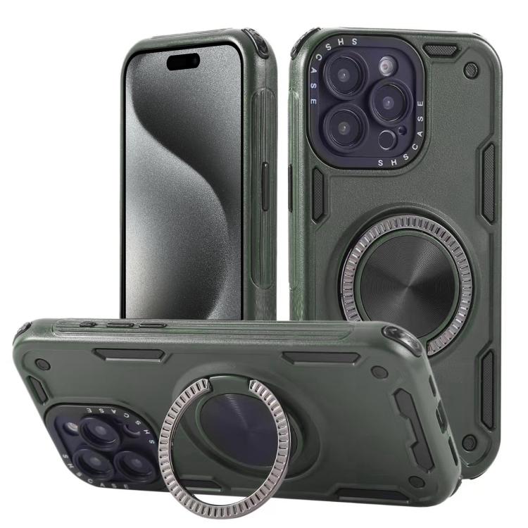 Three-core Mecha 360 Degree Rotation Magnetic Holder Phone Case – Wear-resistant, Magnetic, TPU, For iPhone 15 Pro Max, For iPhone 15, For iPhone 14, For iPhone 14 Pro Max, For iPhone 13 Pro Max, For iPhone 13 For iPhone 15 Pro Max Army Green
