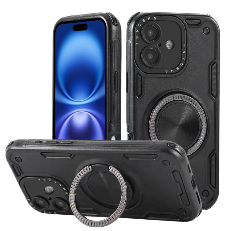Three-core Mecha 360 Degree Rotation Magnetic Holder Phone Case – Wear-resistant, Magnetic, TPU, For iPhone 17 Pro Max, For iPhone 17 Pro, For iPhone 16 Pro Max, For iPhone 16 Pro, For iPhone 16 Plus, For iPhone 16 For iPhone 16 Black
