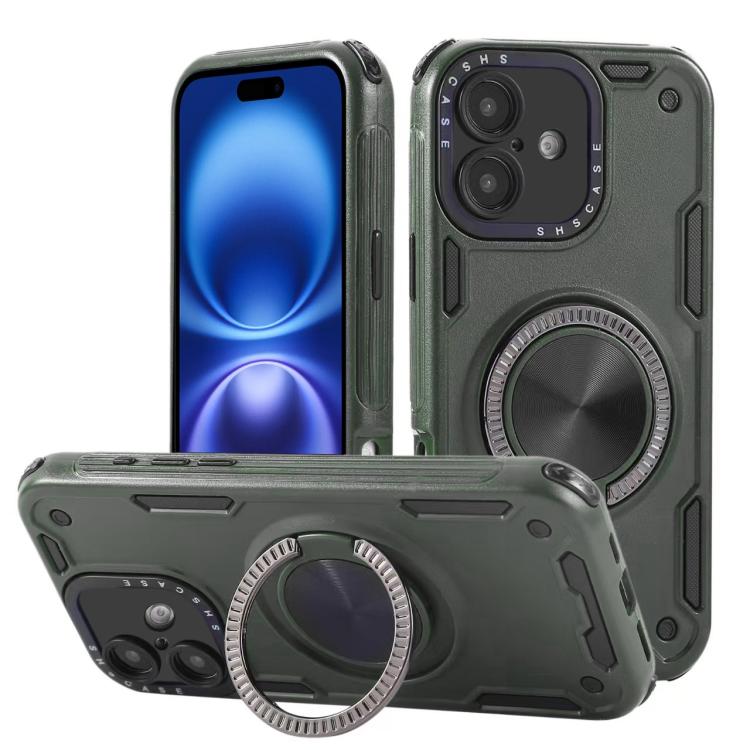 Three-core Mecha 360 Degree Rotation Magnetic Holder Phone Case – Wear-resistant, Magnetic, TPU, For iPhone 17 Pro Max, For iPhone 17 Pro, For iPhone 16 Pro Max, For iPhone 16 Pro, For iPhone 16 Plus, For iPhone 16 For iPhone 16 Army Green